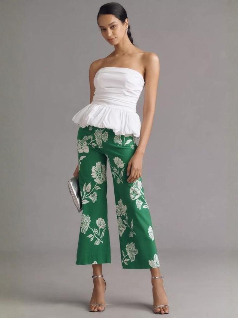 Anthropologie Maeve Colette Green Floral Wide-Leg Cropped Pants